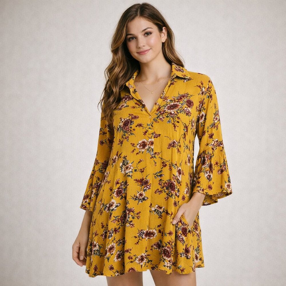 Umgee Gold Floral Boho Bell Sleeve Babydoll Mini Dress Festival M